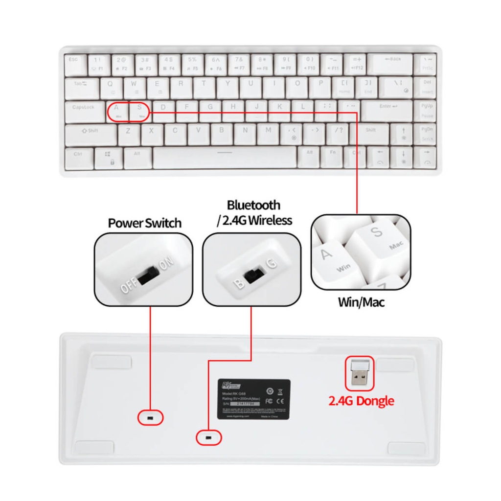 RK68 Wireless Mechanical Gaming Keyboard - Hot Swappable Switch (white)